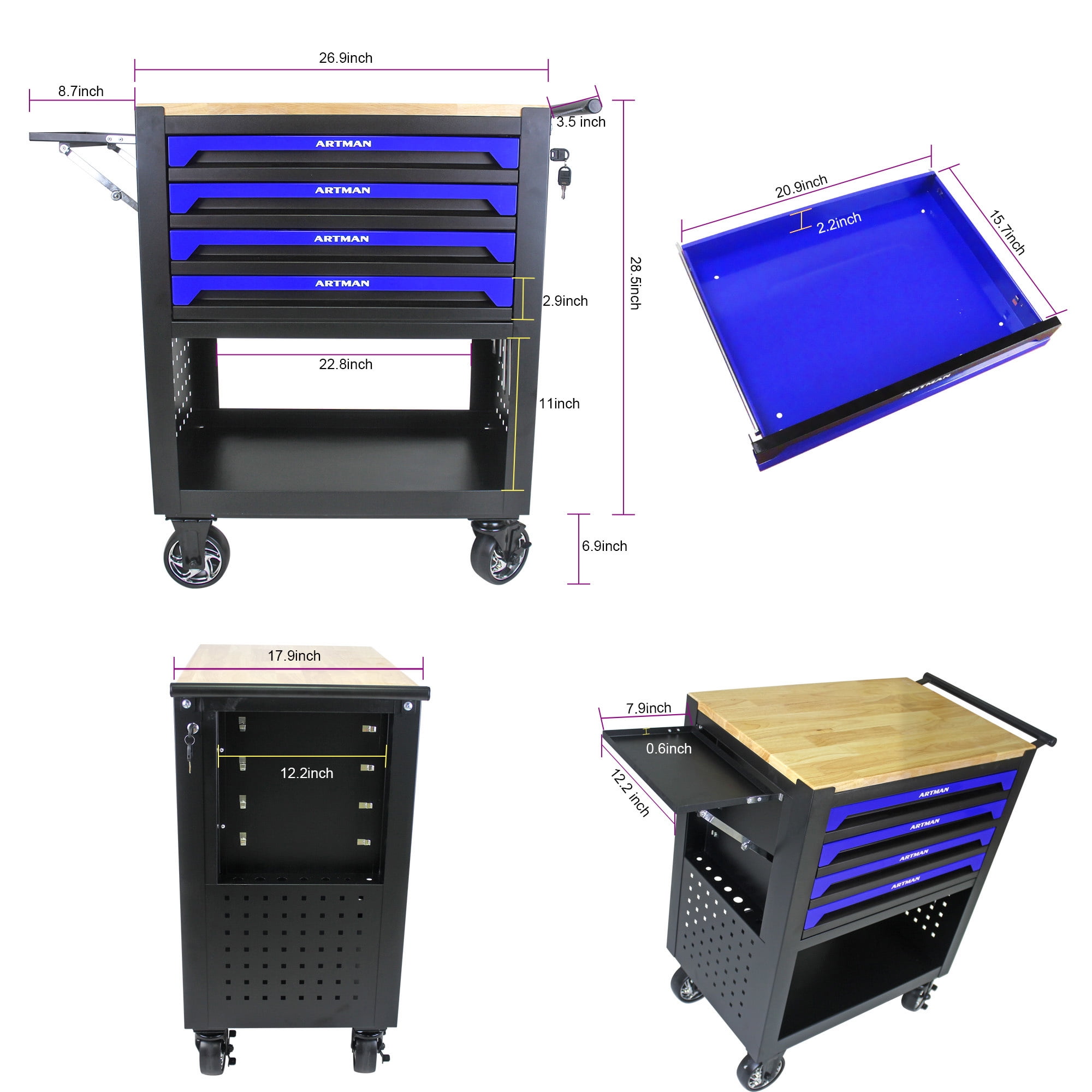 Aukfa 30 inch Mechanic's Tool Cart, 700 lb Capacity 4-Drawer Tool Chest on Wheels for Garage, Blue