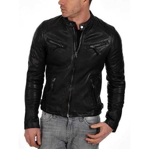 New Men's Genuine Lambskin Leather Slim Fit Biker Motorcycle Black Jacket For Men A876