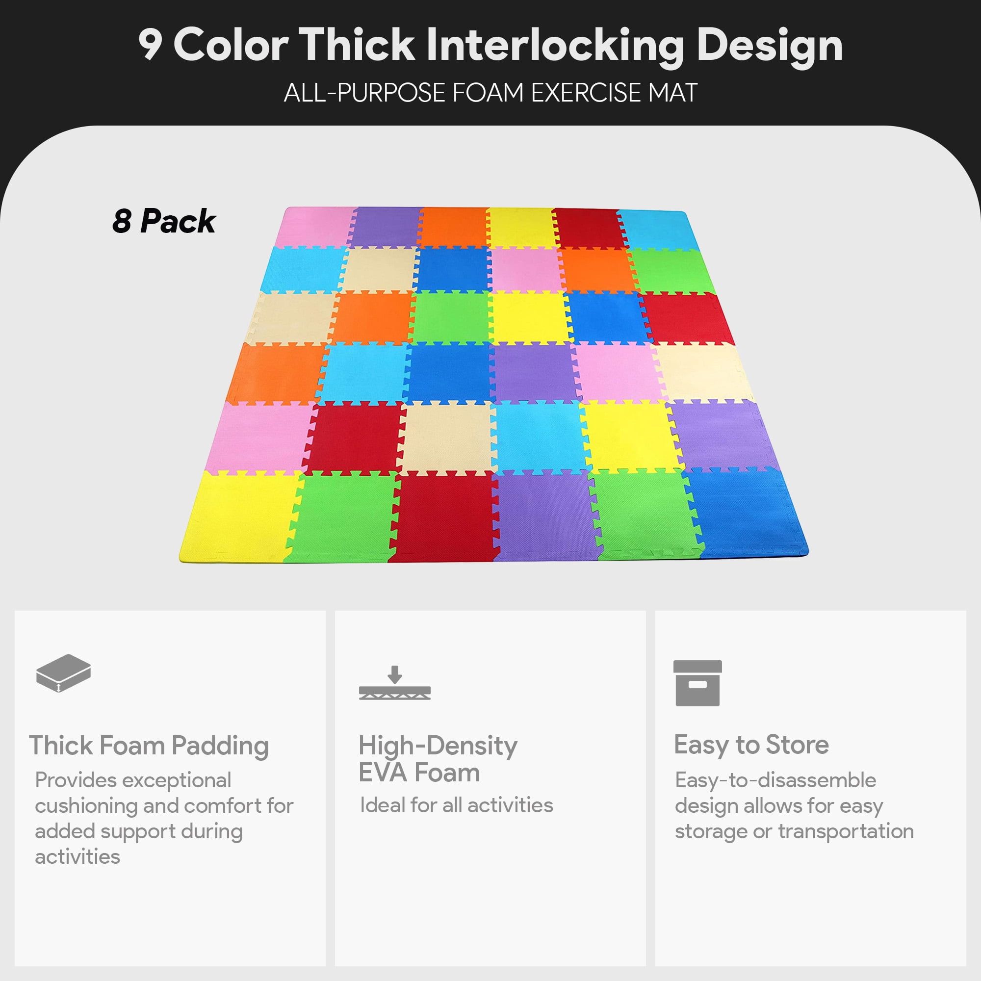 BalanceFrom 8-Pack 36-Count 12”x12” Interlocking Puzzle Play Mat, 0.4” Thick, Multicolored