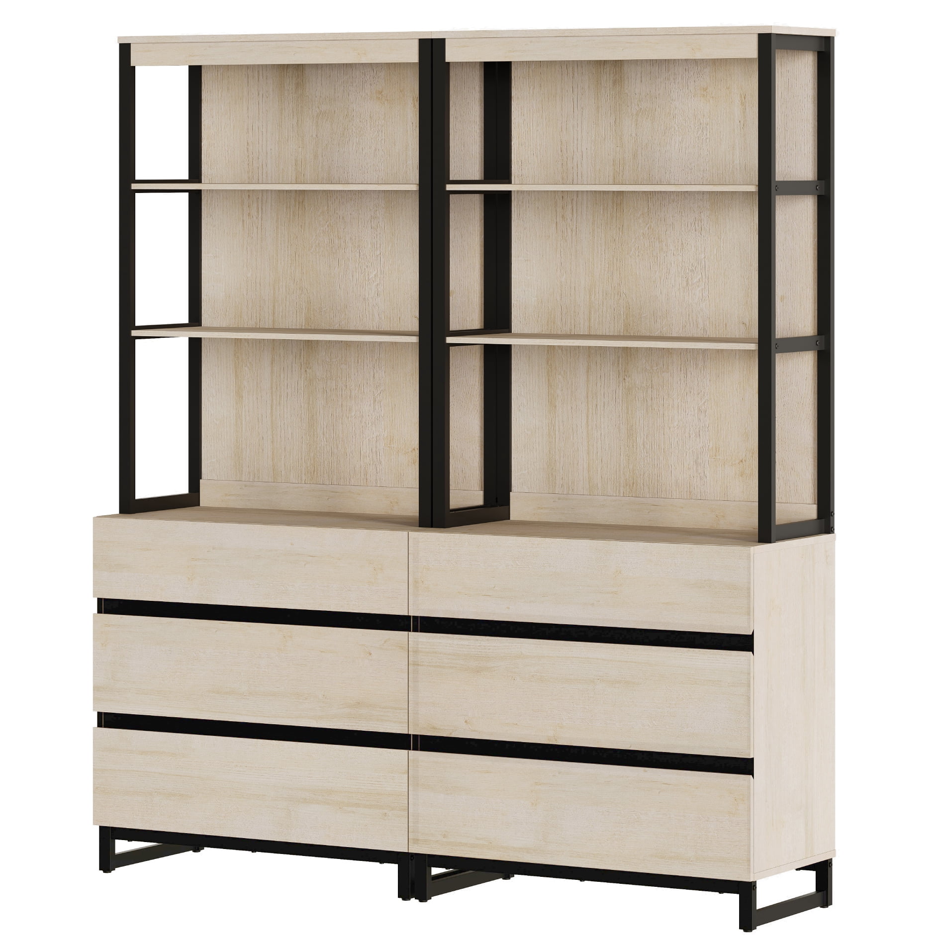 WAMPAT 2-Piece Modern 72" Tall Library Bookcases with 6 Drawers & Open Shelves, Wood Freestanding Bookshelves with Storage Cabinet & Metal Base for Home Office & Living Room, Beige