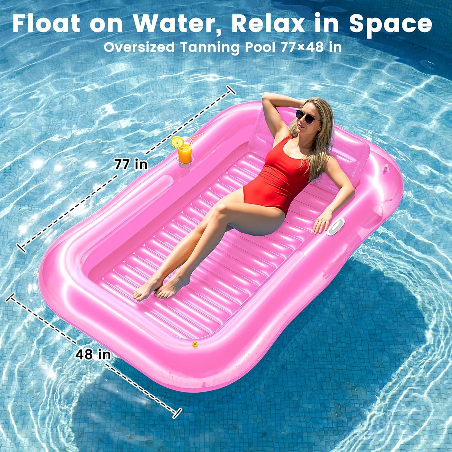 Inflatable Tanning Pool Lounger Float with Sprinkler, 77" x 48" Pool Floats Adult with Pillow, 6 in 1 Suntan Tub Raft Floatie with Drink Holder Sunbathing Water Lounge L