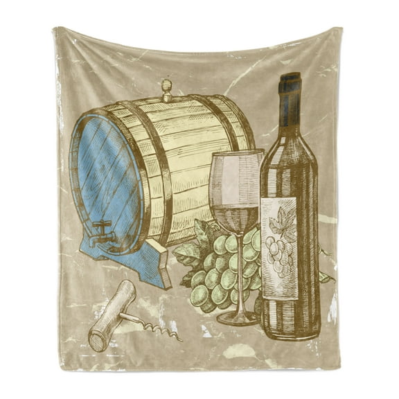 Wine Soft Flannel Fleece Throw Blanket, Vintage Hand Drawn Style IIlustration of Wine Cask Bottle and Glass with Grapes, Cozy Plush for Indoor and Outdoor Use, 50" x 60", Multicolor, by Ambesonne