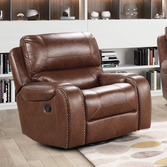 Roundhill Furniture Achern Brown Leather Nailhead Manual Reclining Sofa with Storage Console and USB Port