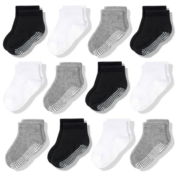 CozyWay Toddler Socks with Grippers - Non-Slip Toddler Cotton Socks for Boys & Girls - Pack of 12, Low-Cut, Size 1T-3T, Black, White, Gray