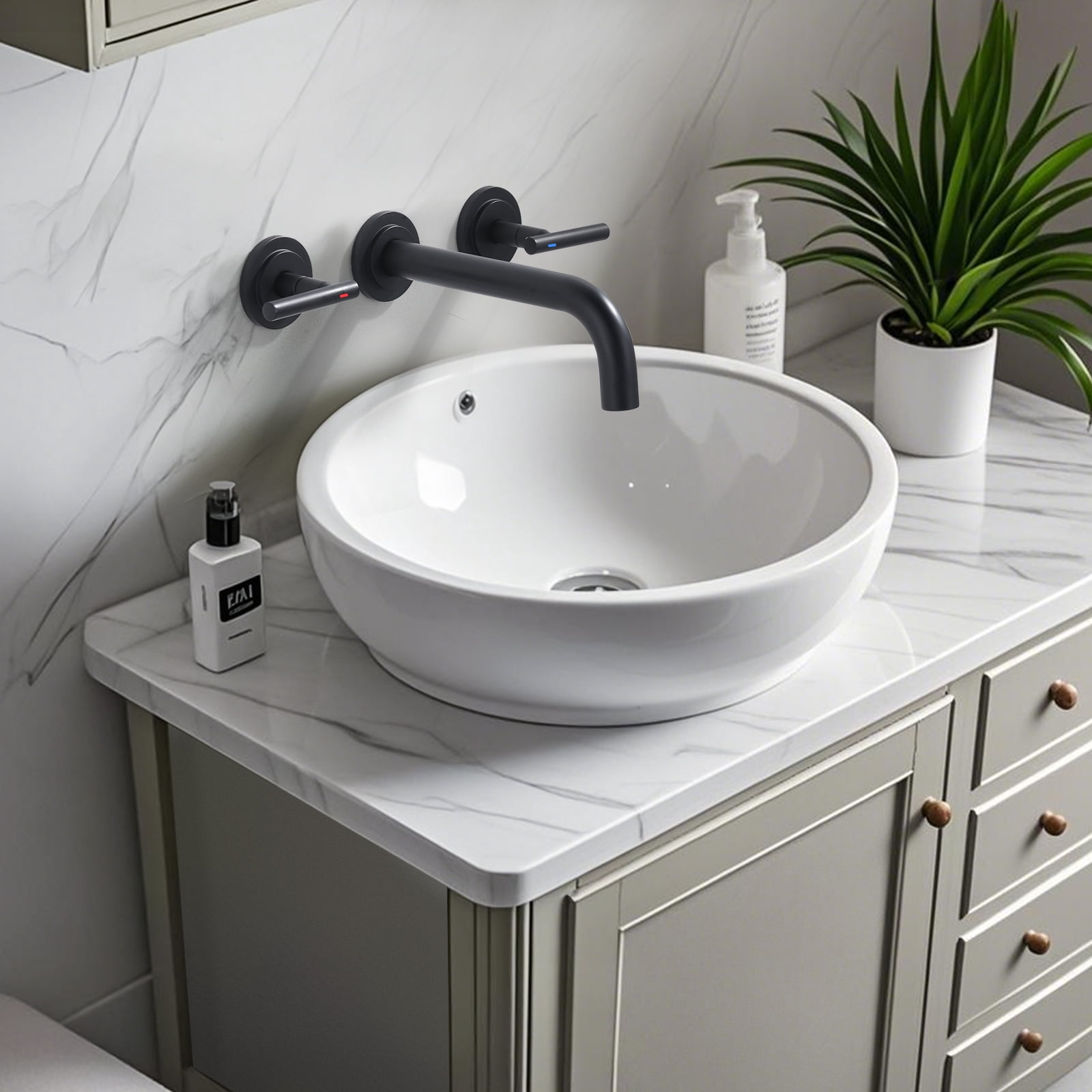 Double Handle Wall Mounted Bathroom Faucet with Rough-in Valve Included in Solid Brass Matte Black