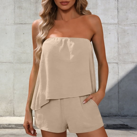 Strapless 2 Piece Shorts Sets Women Sleeveless Ruched Flowy Tube Tops with Shorts for Summer Vacation Beige XL