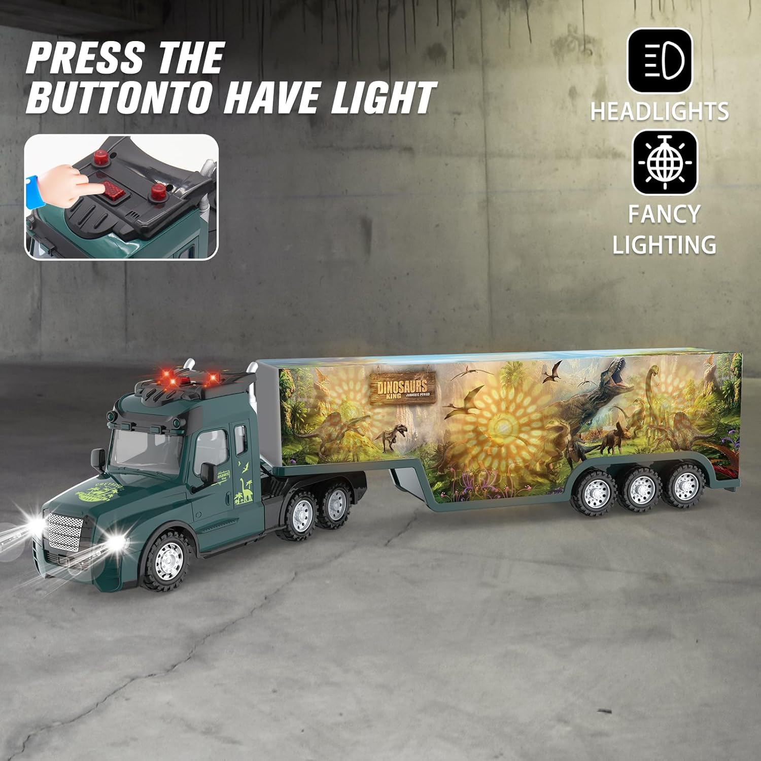 RC Semi Truck with Trailer, 2.4Ghz Dinosaur Container Truck with LED Lights & Music, Carrier Van Transport Vehicle with 2 Rechargeable Batteries Toy Gift for Kids 6+