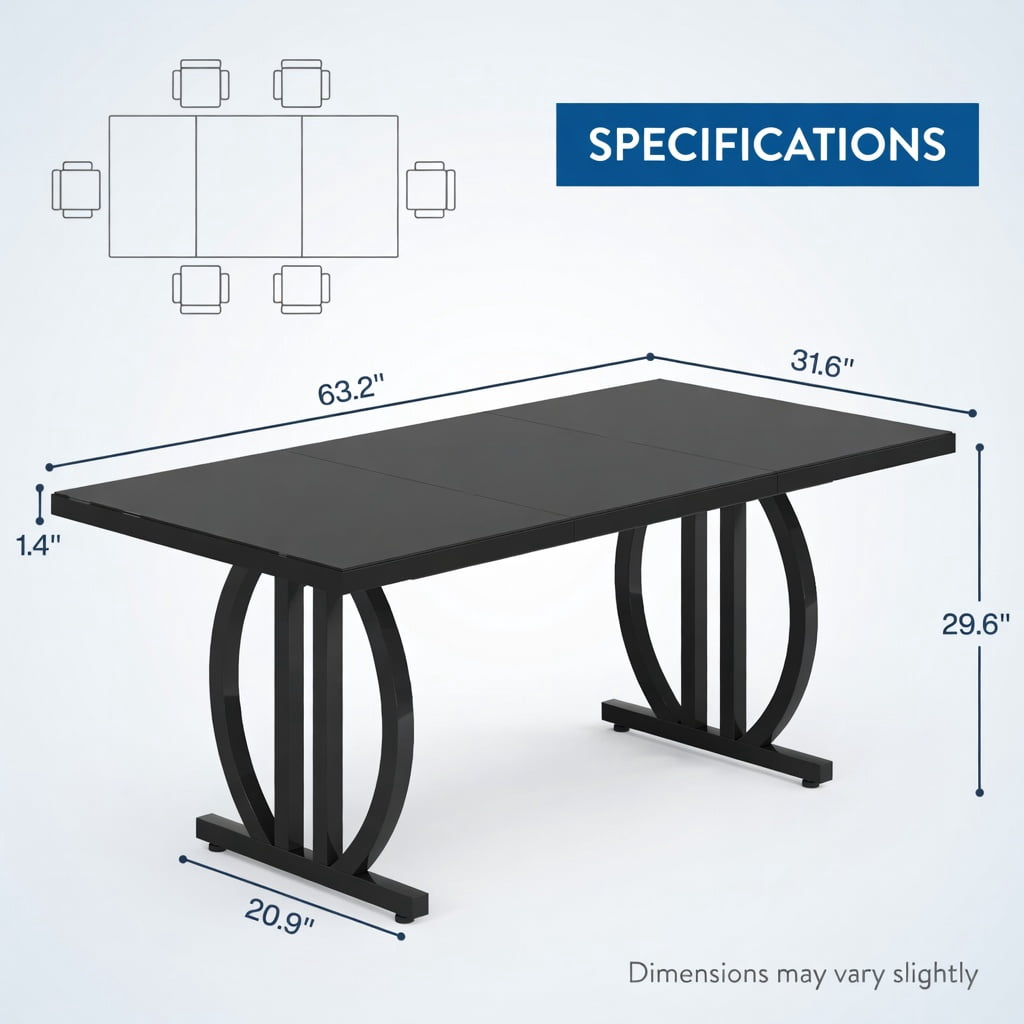 Hommoo 63 Inch Modern Dining Table for 4-6 People, Sleek Metal Frame Rectangular Kitchen Table with MDF Top, Black