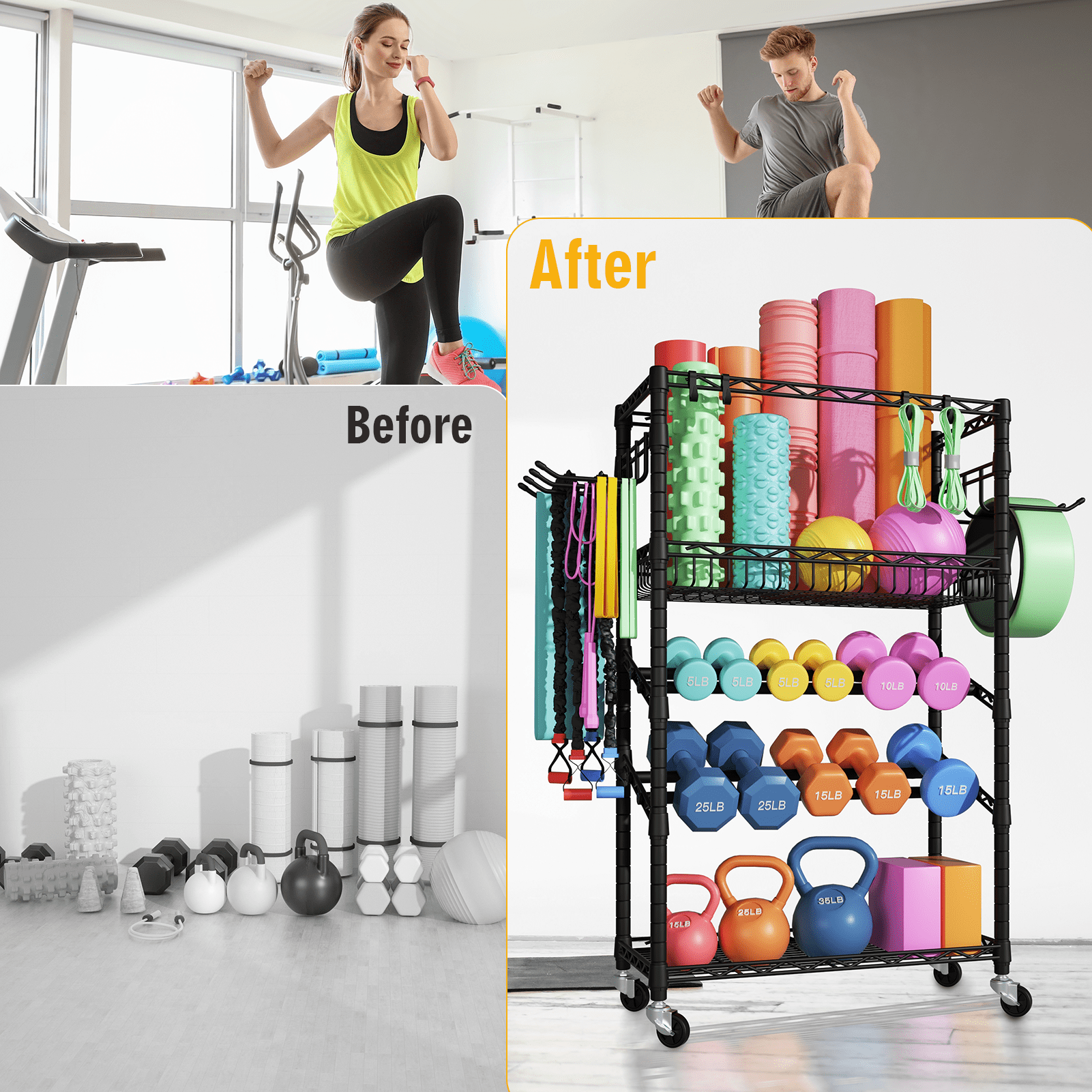 FUTASSI Dumbbell Rack, 4 Tier Steel Multi-Purpose Home Gym Storage 11.8" W x 23.6" D x 48.6" H, for Dumbbells, Kettlebells, Barbell and Yoga Mat, Black