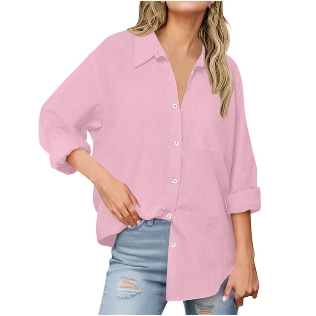 Womens Cotton Linen Button Down Shirts Boyfriend Long Sleeve Oversized Lapel Blouses Tops with Chest Pocket