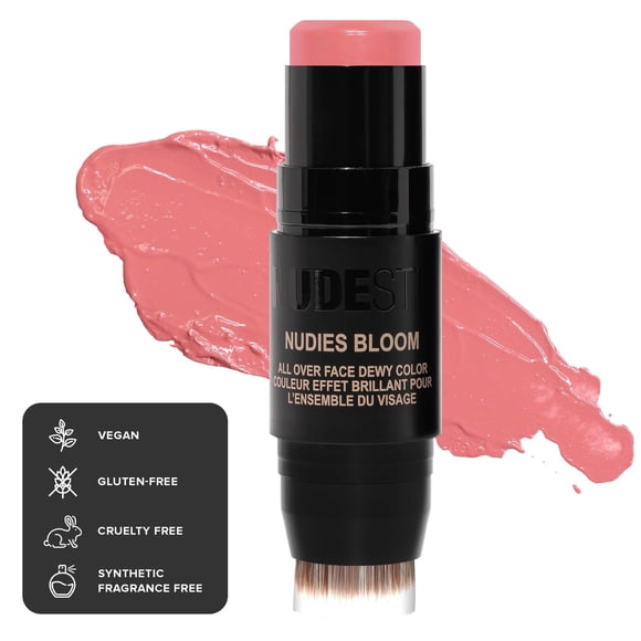 Colorete en crema Nudestix Nudies Bloom, rocío y radiante, 3 en 1, para todo el rostro para mejillas, ojos y labios con brocha para mezclar (Cherry Blossom Babe)