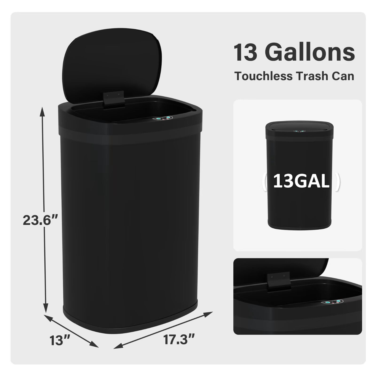 YRLLENSDAN 13 Gallon Touchless Stainless Steel Trash Can, Automatic Garbage Cans with Lid, Motion Sensor Wateproof Trash Bin for Kitchen Bedroom Bathroom Office, Black