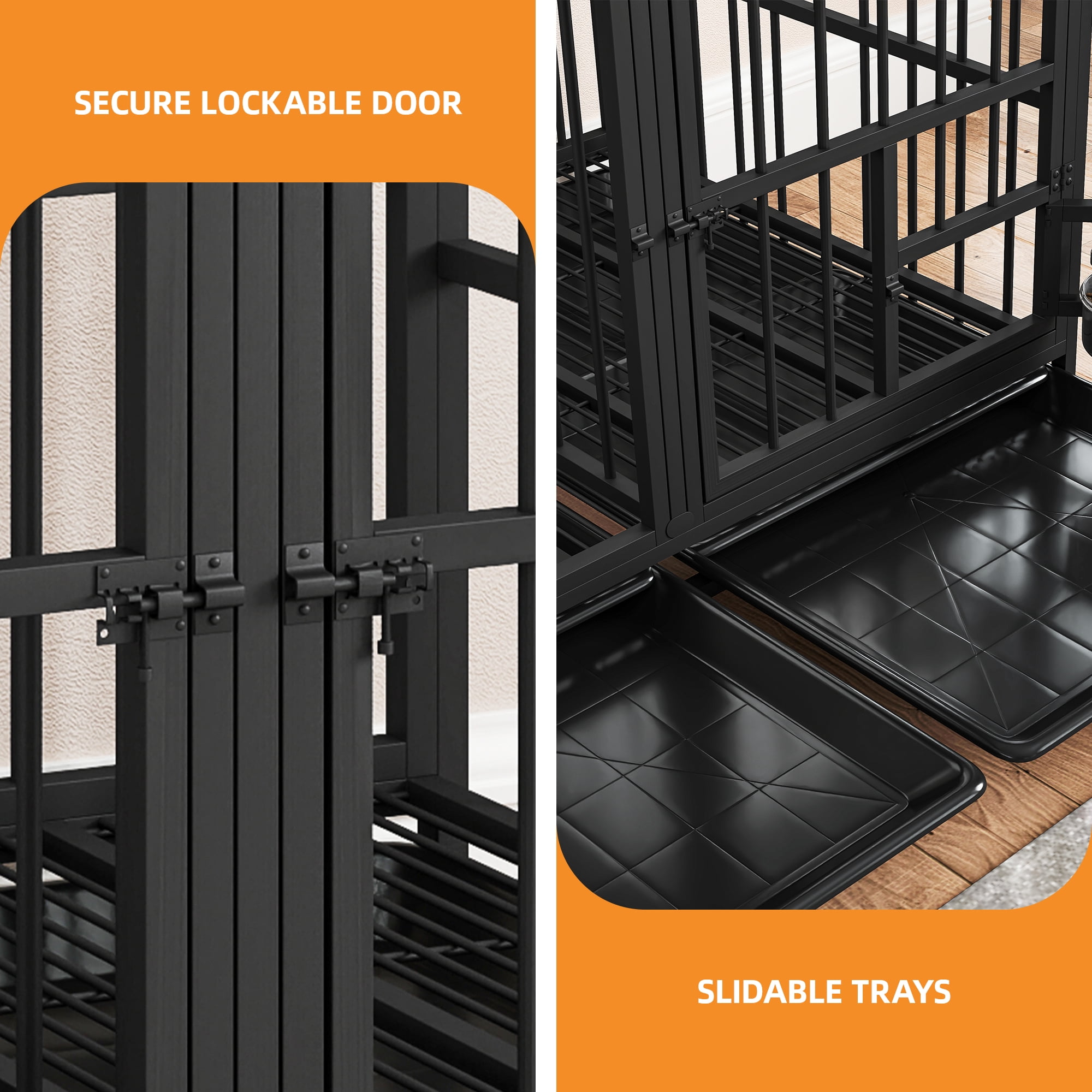 Uforic 47.5" Large Dog Crate Furniture with Double Lockable Doors, Heavy Duty Wooden Dog Kennel with Removable Divider &360° Rotatable Dog Bowls & 360° Wheels & 2 Trays