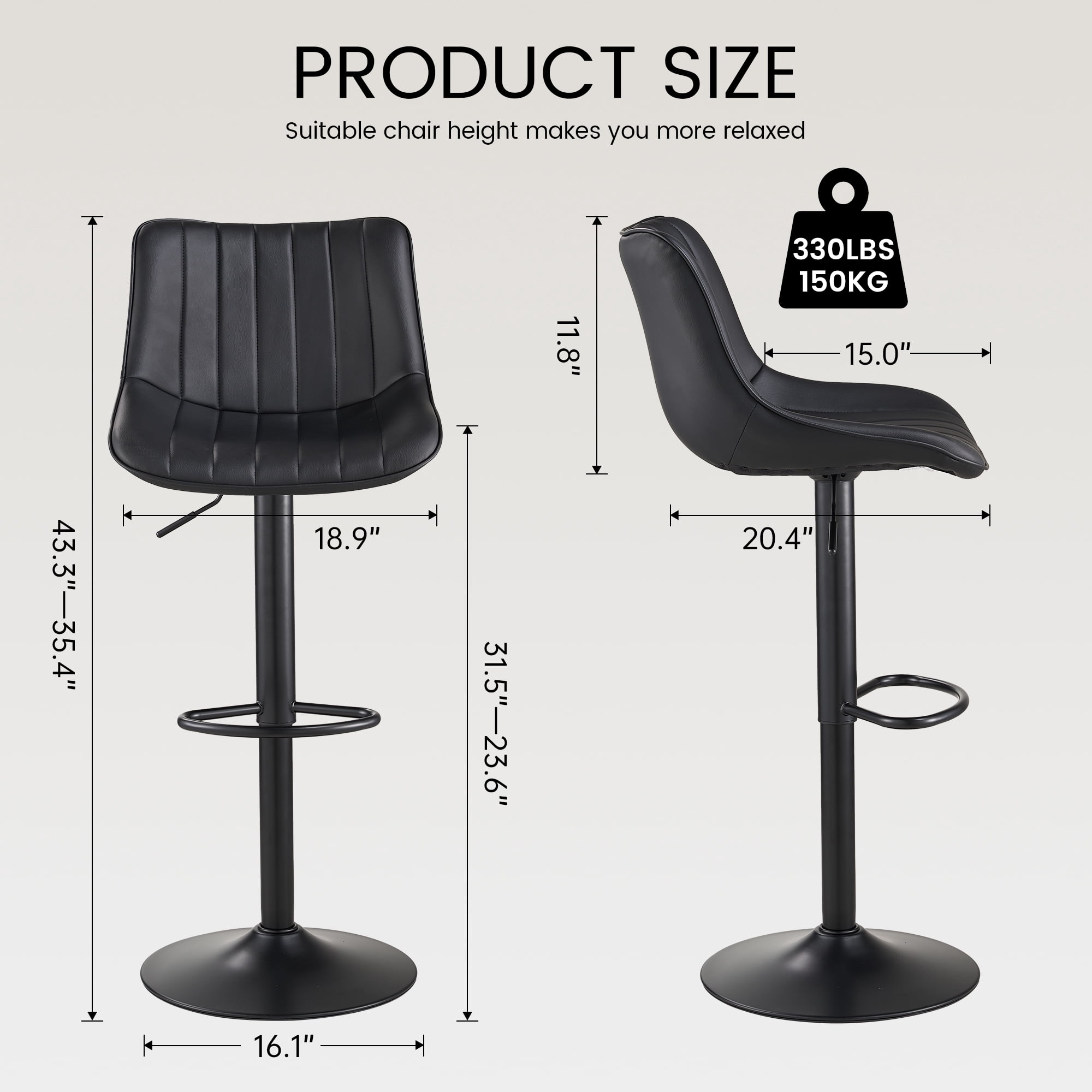 SAETSFEG Bar Stools, Adjustable Swivel Counter Height Bar Stool with Footrest, Modern PU Leather Bar Chairs for Kitchen Island, Dining Room, Black