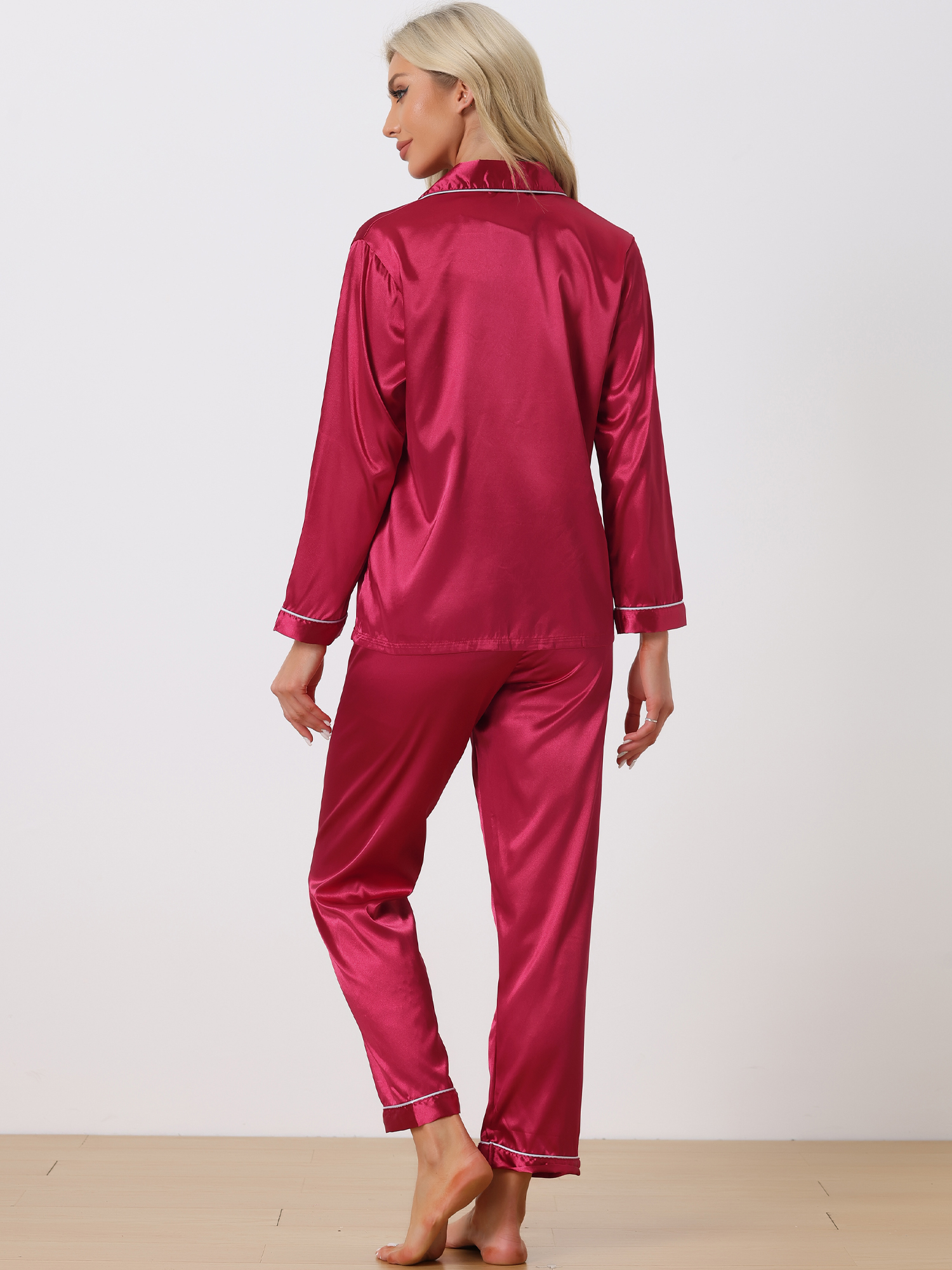 DARING DIVA Women's Long Sleeves Button Down Satin Pajama Sets XL Red