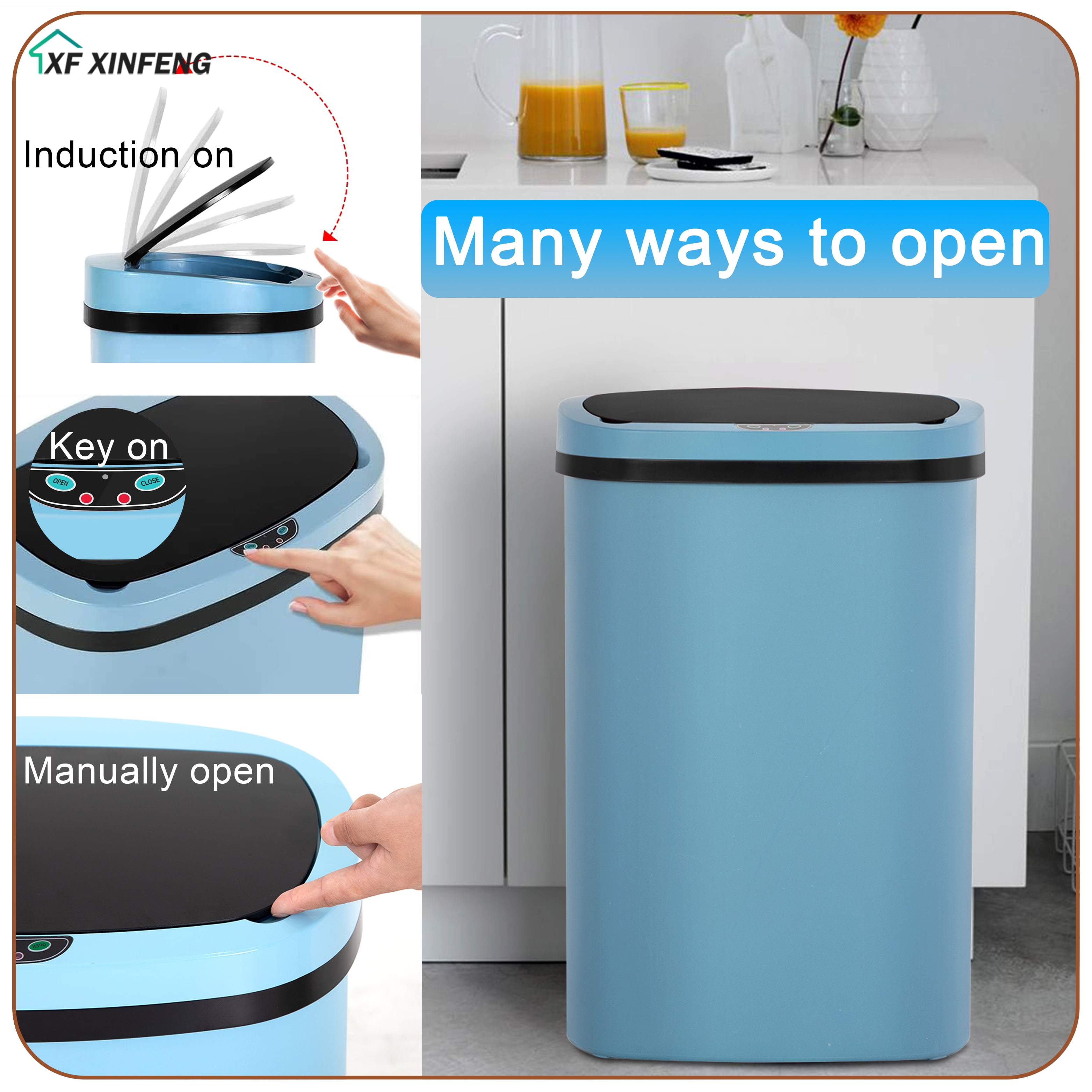 XF XINFENG 13 Gallon 49 Litre Dustbin Kitchen Trash Can with Lid Automatic Sensor Touch Bin,Garbage Can, Waste Bin, For Bathroom/Double Bed/Bedroom/Home/Office, Blue