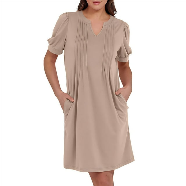 Robe Courte d'Été pour Femme à Manches Courtes Bouffantes, Décontractée, Col en V, Mini, 2025, Printemps, Tunique T-Shirt Plissée, Plage, Kaki, M