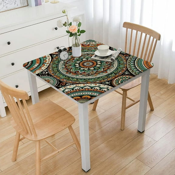 HAOXIT Elastic Edged Square Fitted Floral Medallion Table Cloth Cover for Indoor Outdoor Kitchen Party, Waterproof Wipeable Tablecloth for Square Tables 44''x44''