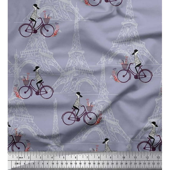 Soimoi Satin Silk Fabric Girl,Bicycle & Eiffel Tower Architectural Print Sewing Fabric Yard 42 Inch Wide