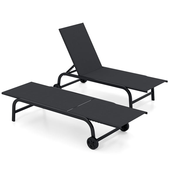 Gymax Outdoor Chaise Lounge Chair Set of 2 w/Wheels 6-Position Recliner w/80-DegreeFull Flat