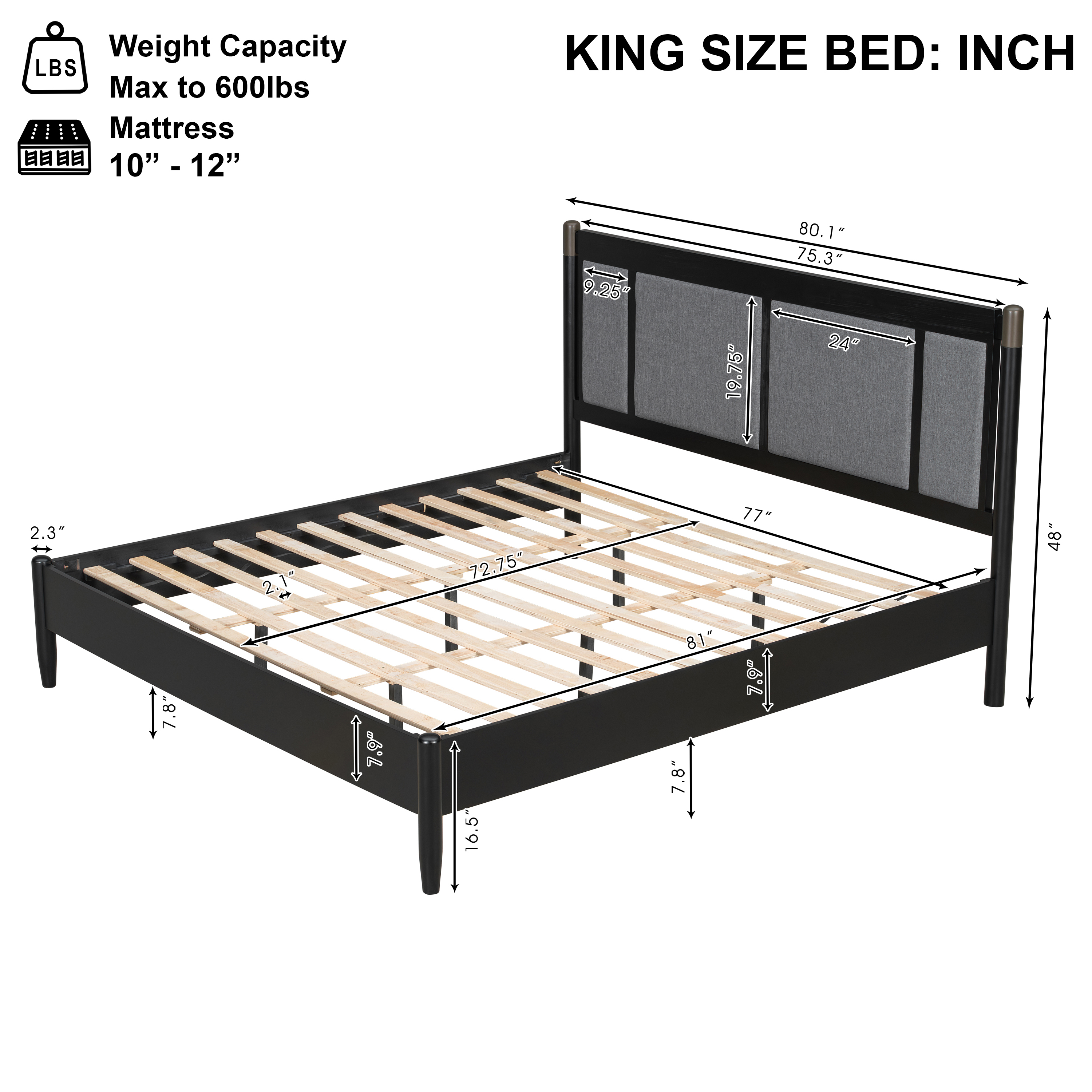 King Bed Frame 81 Inch, Solid Wood Platform Bed with Upholstered Headboard and Metal Handles, Heavy Duty Bed Frame with 600 lbs Support, Black