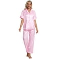thumbnail image 6 of DAKIMOE Silk Satin Pajama Set for Women Short Sleeve Two Piece Button Down Pjs Sleepwear Soft Loungewear Nightwear, Pink Leopard Print, 6 of 8