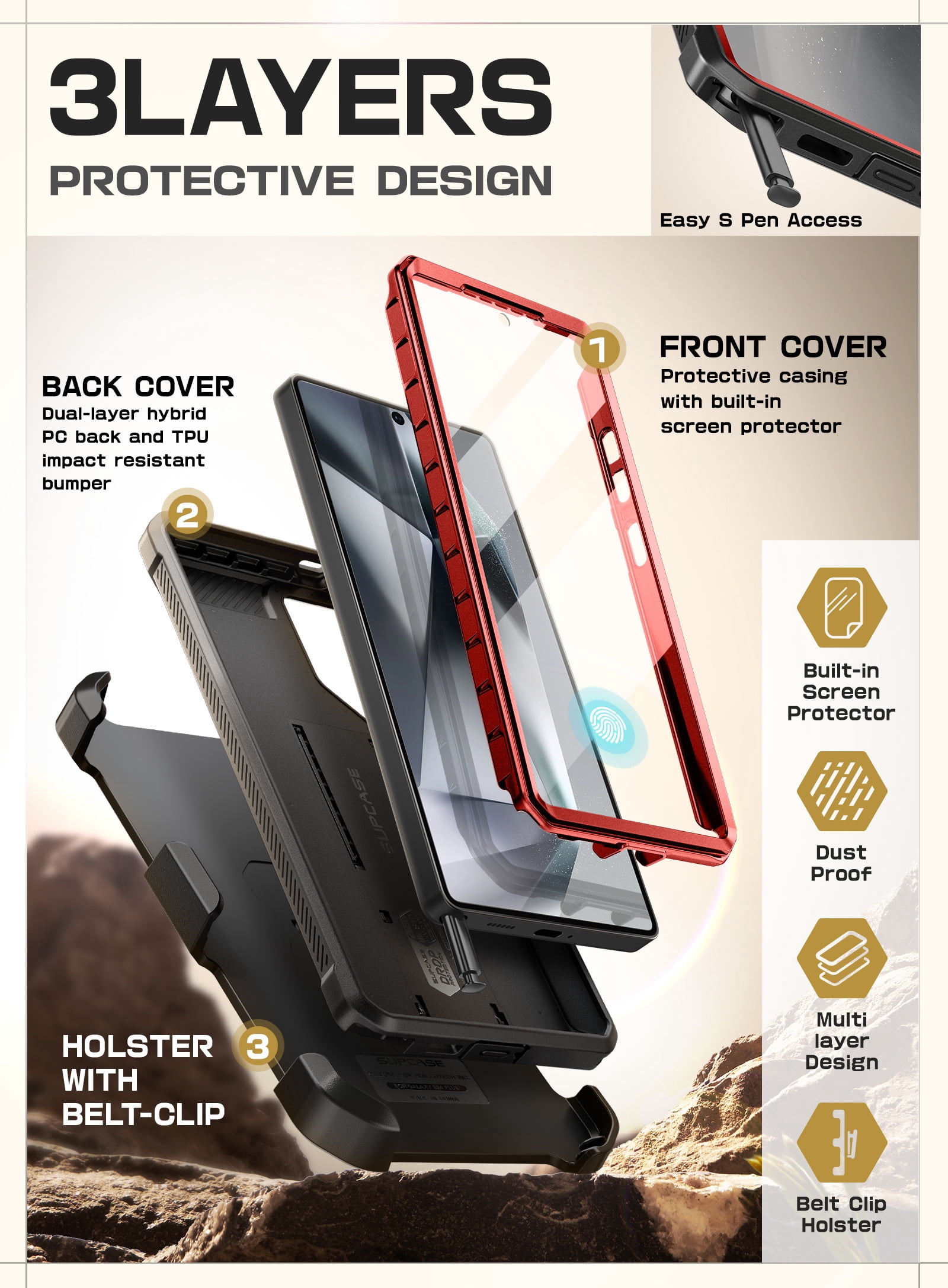 SUPCASE for Samsung Galaxy S25 Ultra Case with Stand, [Unicorn Beetle Pro] [2 Front Frames] [Built-in Screen Protector & Belt-Clip] Military-Grade Protection Phone Case for Galaxy S25 Ultra, Ruddy