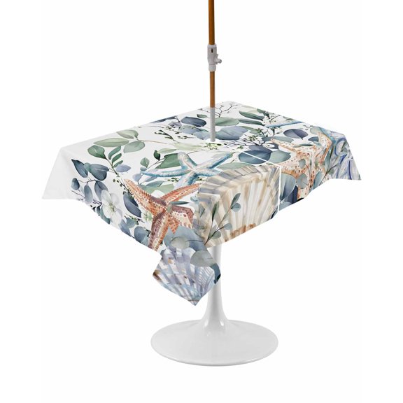 Outdoor Table Cloth with Umbrella Hole and Zipper, Spring Eucalyptus Coastal Waterproof Rectangle Tablecloth 54"x80", Summer Blue Starfish Shell Washable Table Cover for Outside Party Patio Picnic