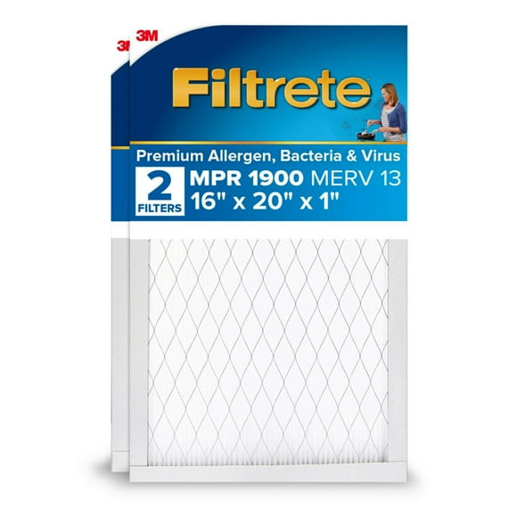 Filtrete 16x20x1 AC Furnace Air Filter, MERV 13, MPR 1900, Premium Allergen, Bacteria&Virus Filter, 3-Month Pleated 1-Inch Electrostatic Air Cleaning Filter, 2-Pack (Actual Size 15.719x19.719x0.78 in)