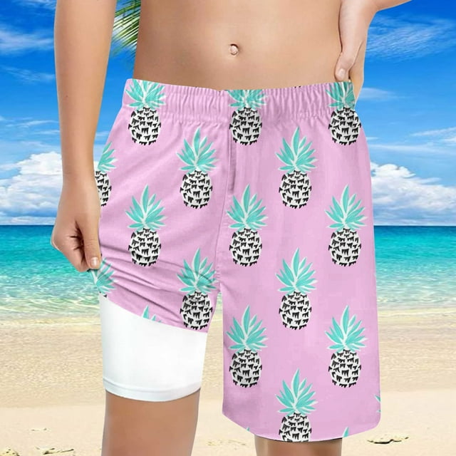 Gyexs Short de Bain avec Doublure de Compression pour Garçons, Short Athlétique, Maillot de Bain Graphique Mode Rose, 14T