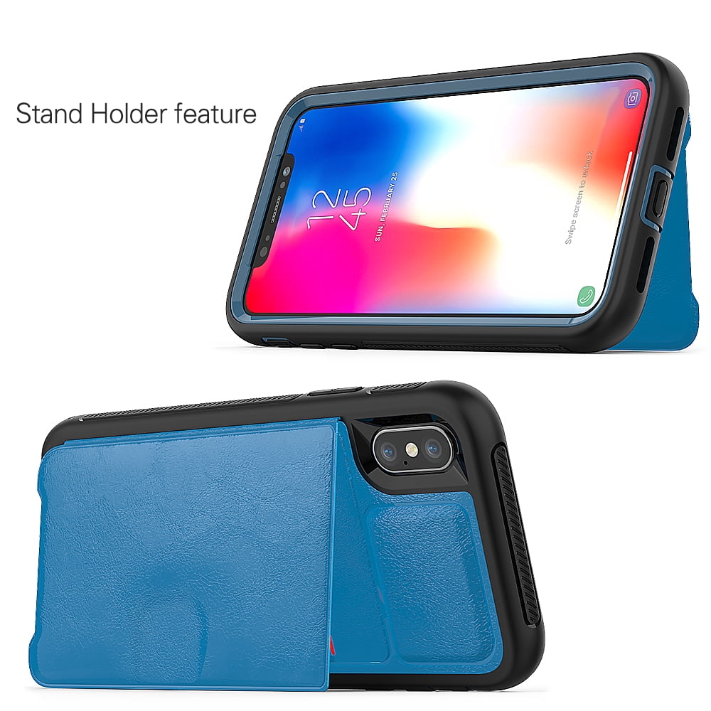 BUNDLE: Kona Vegan Leather Folio Wallet Case (Blue) & Selfie Stick Mini Tripod 2.0 (Silver) for Apple iPhone XS / X - Kickstand, Card Slots, Car Mount Compatible, Magnetic Closure