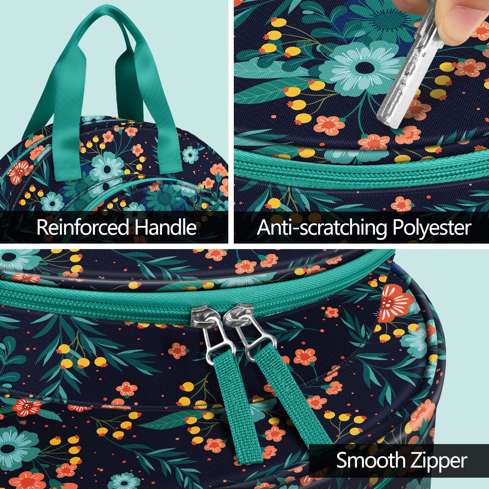 FINPAC Embroidery Project Bag, Embroidery Supplies Storage Carrying Tote Case with Multiple Pockets for Embroidery Floss, Embroidery Hoops, Thread, Stitch Tools Kit, Navy Bloom (Carrying Case only)