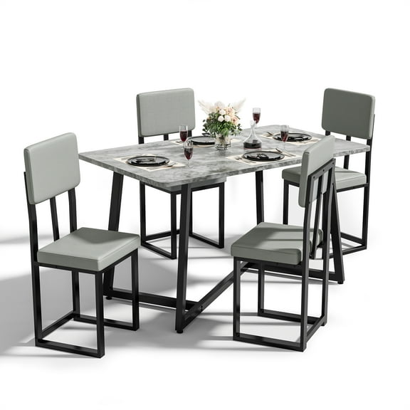 UHOMEPRO Dining Table Set for 4, Modern 5 Piece Dining Room Table Set with Faux Marble Tabletop and 4 Leatherette Upholstered Chairs, Rectangle Kitchen Table Set Dining Set for Dining Room, Gray