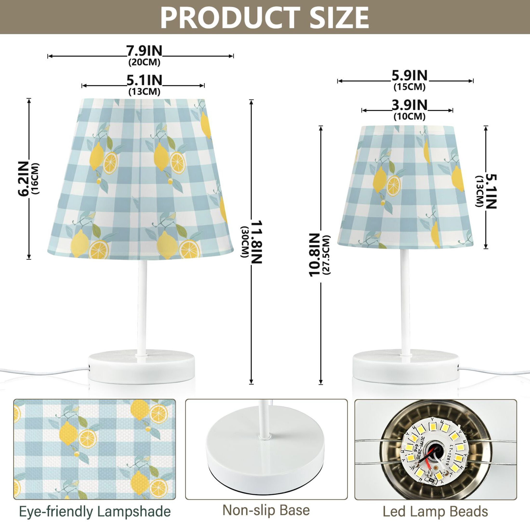 LED Desk Lamp Lemons on Plaid Table Nightstand Lamps with 3 Color Temperatures for Home Bedroom Living Room Decor 8x12