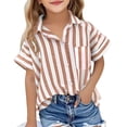 thumbnail image 3 of akafmk Girls Short Sleeve Shirts Cotton Linen Stripe Button Down Shirt Collared Relaxed Summer Casual Beach Shirt, 5-15Y, 3 of 8