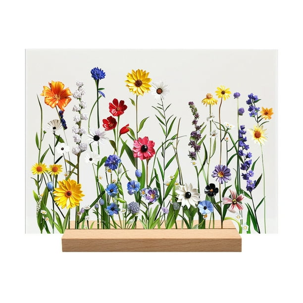 Caja de Pantalla de Acrílico, Ornamento de Decoración Floral de Escritorio Impreso con Gran Base de Madera, Textura Transparente de Vidrio de 21x15cm para Regalo para el Hogar