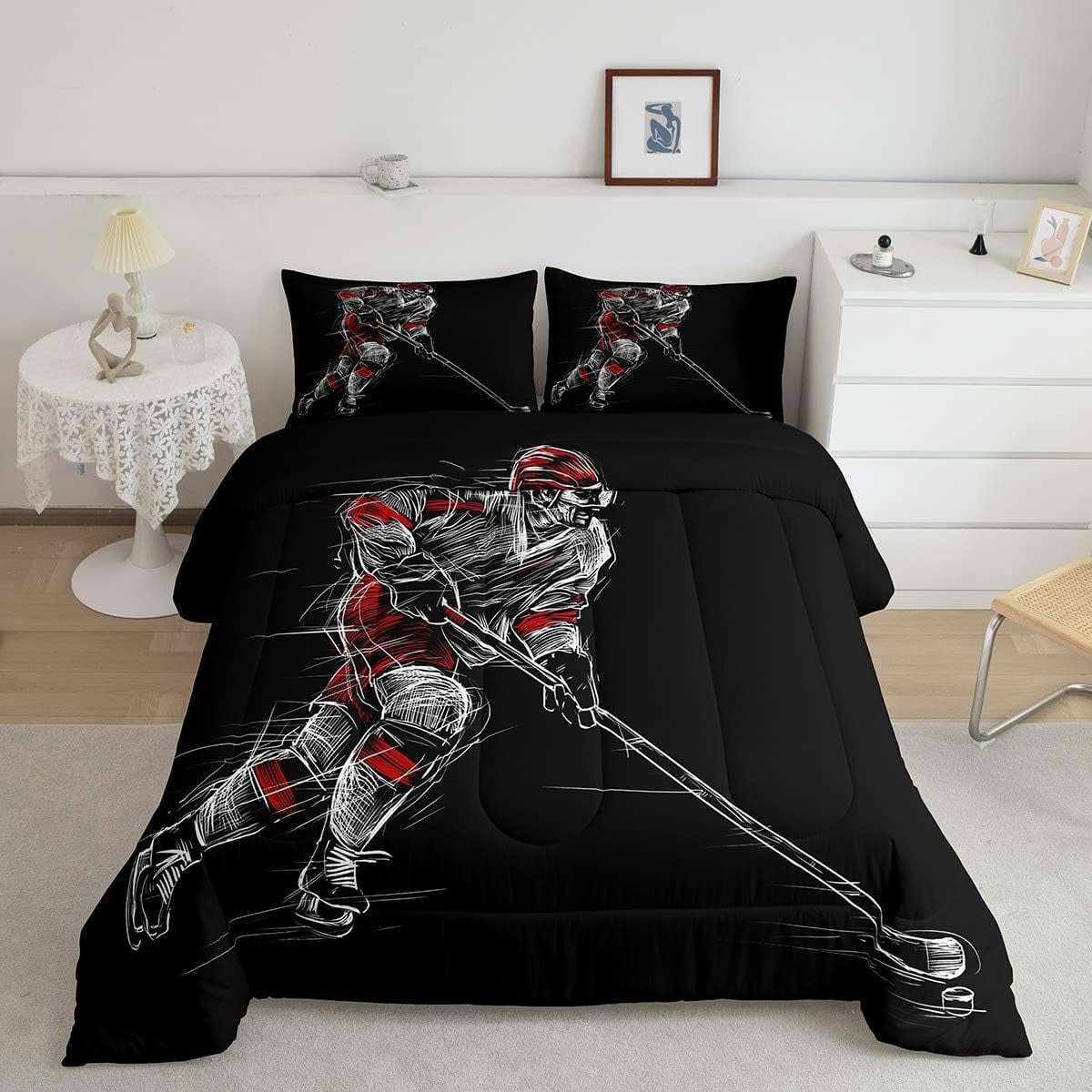 Ice Hockey Comforter Set Boys Teens Sports Game Theme Quilted Duvet