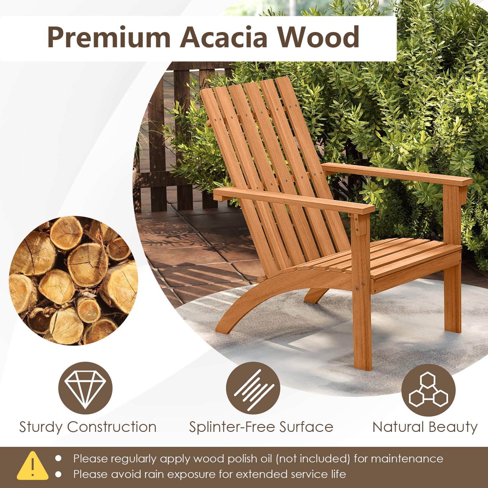 Gymax Adirondack Chair Acacia Wood Fire Pit Chair w/ Backrest and Armrests Campfire Chair Outdoor Lawn Chair for Patio