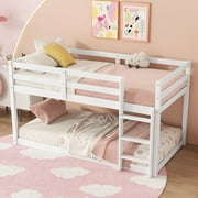 Bunk Bed Twin Over Twin, Low Twin Size Floor Bunk Beds with Ladder, Solid Wood Junior Bunk Bed for Teens Bedroom, No Box Spring Needed-White