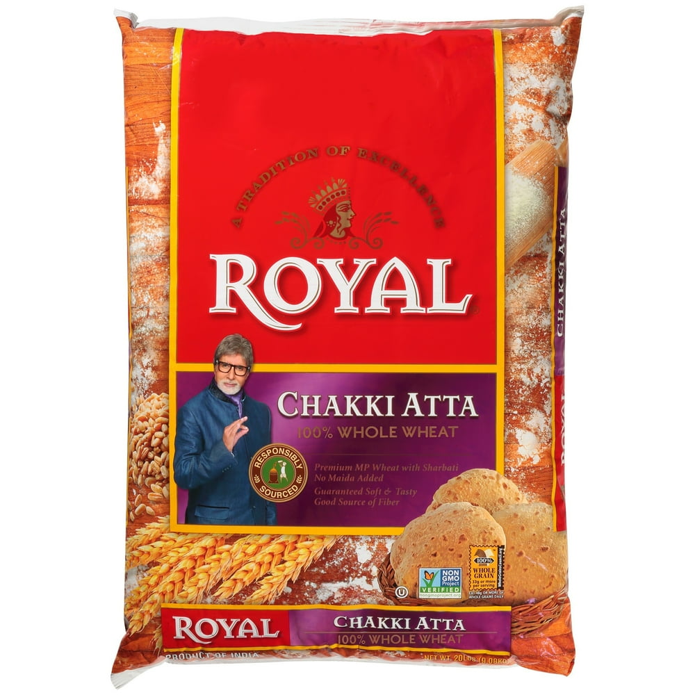 Royal 100 Whole Wheat Chaki Atta, 20Pound Bag