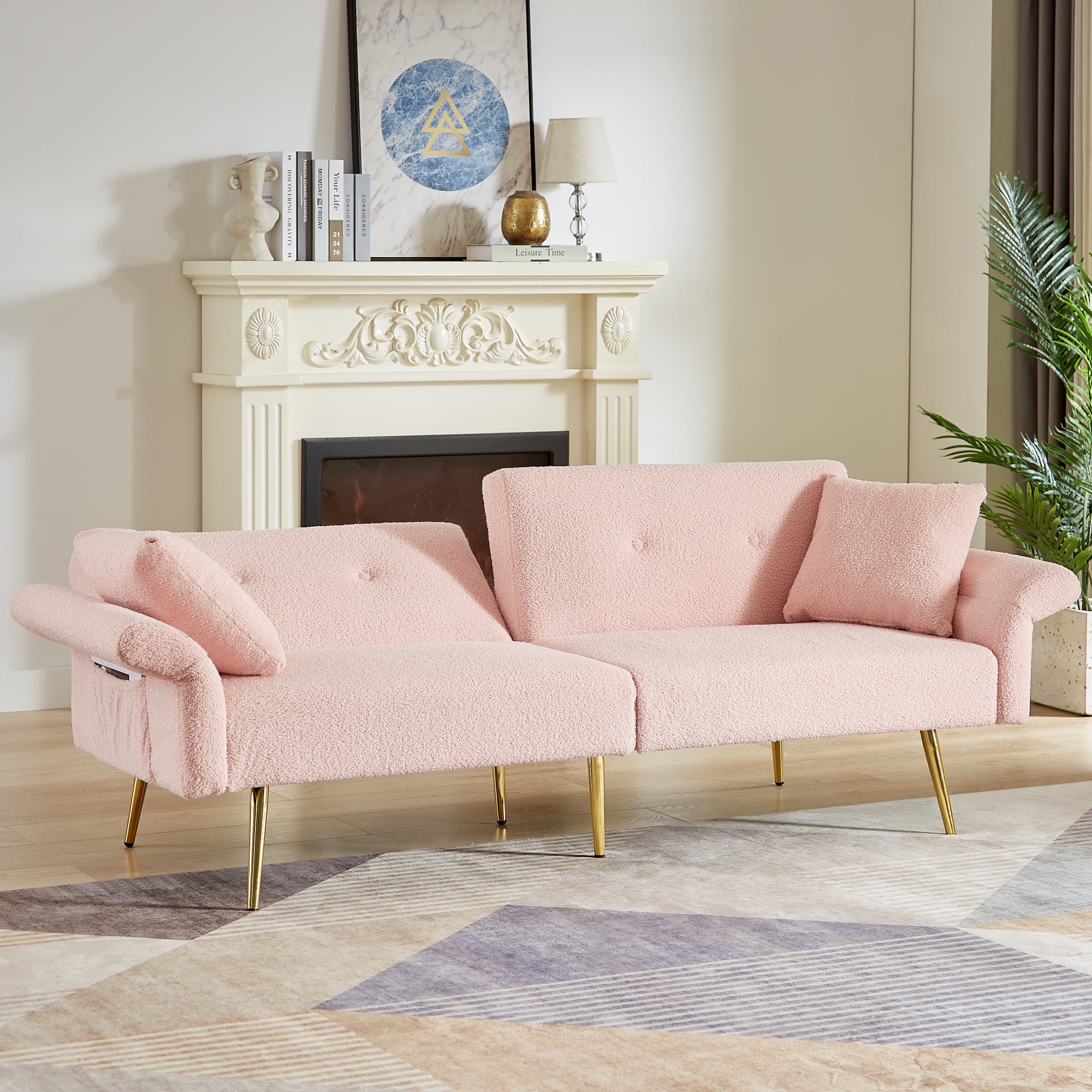 Jopath 80" Futon Sofa Bed,Teddy Upholstered Convertible Loveseat Sleeper Sofa Couch with Foldable Armrest,Adjustable Backrest and Golden Metal Legs for Living Room,Pink
