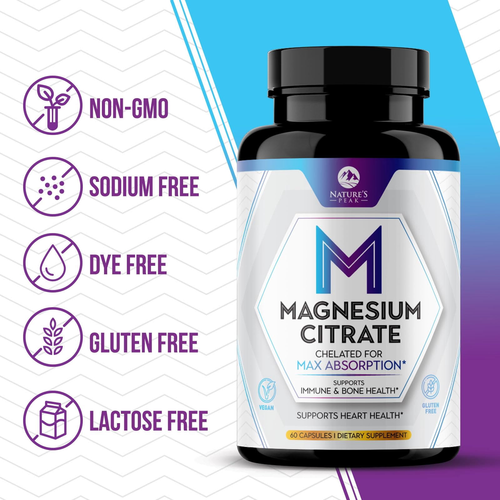 Magnesium Citrate Capsules - Max Absorption Magnesium Powder - Muscle, Bone, Nerve & Heart Health Support - Premium Formula is Powerful & Gentle for Women & Men - Bottled in USA - 60 Capsules