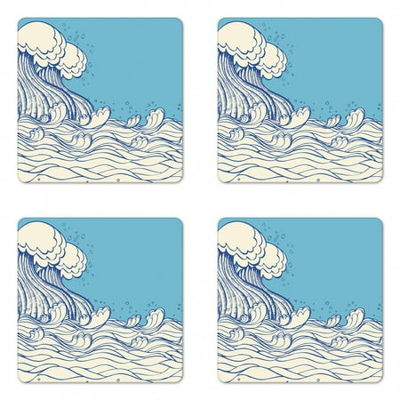 

Nautical Coaster Set of 4 Abstract Doodle Style Wave in the Ocean Sea Soft Color Palette Marine Life Image Square Hardboard Gloss Coasters Standard Size Cream Blue by Ambesonne