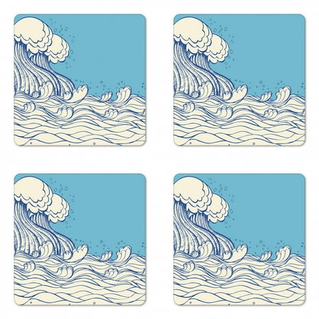 

Nautical Coaster Set of 4 Abstract Doodle Style Wave in the Ocean Sea Soft Color Palette Marine Life Image Square Hardboard Gloss Coasters Standard Size Cream Blue by Ambesonne