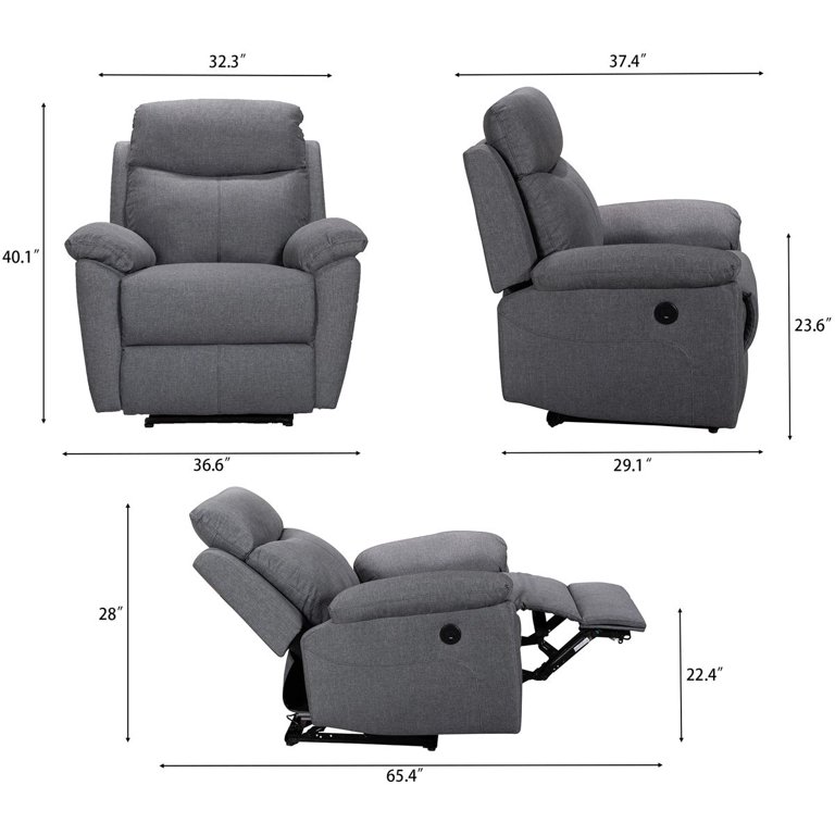 FC Design Black Linen Manual Recliner with Overstuffed Cushions