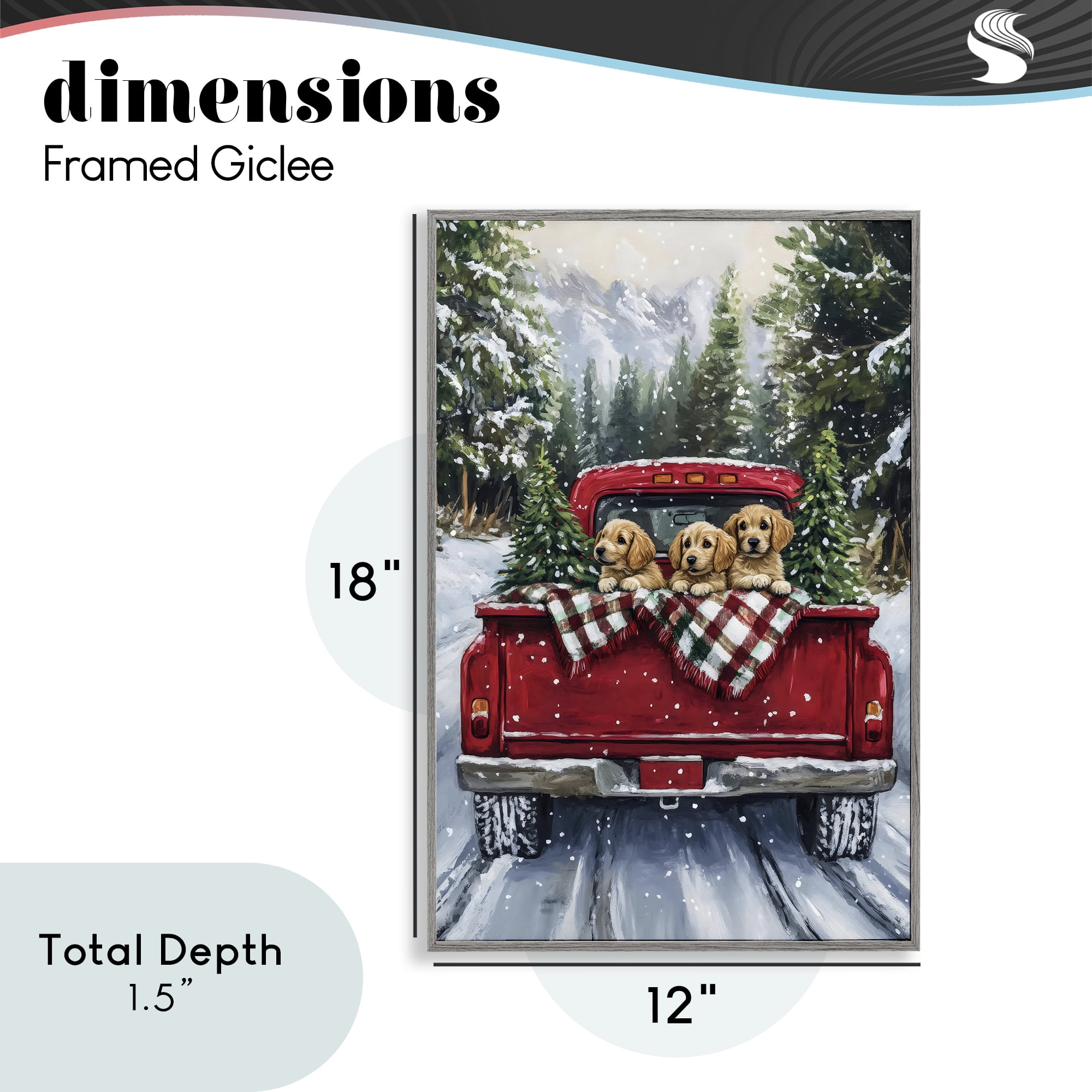 Golden Pups Christmas Truck Gray Framed Giclee Art, design by Petal Prints Design