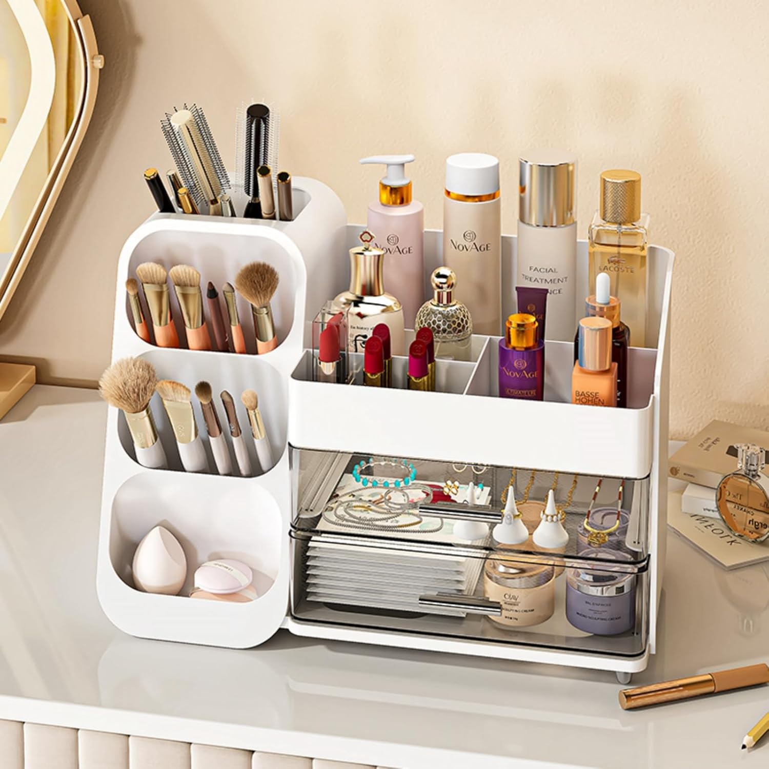 BAODELI Large Makeup Organizer with Brush Holder, White photo 6