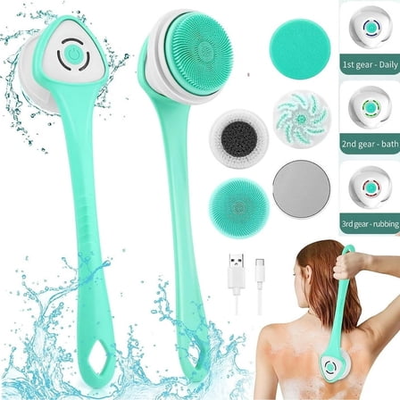 Electric Bath Brush, Rechargeable Back Brush Long Handle for Shower with 5 Spin Shower Facial Brush Head Waterproof Silicone Body Scrubber Exfoliating Deep Cleansing Brush for Women Men