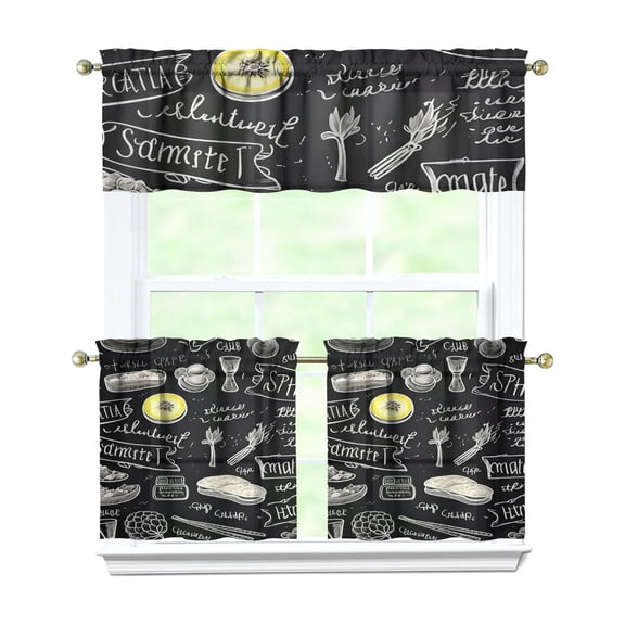 Kitchen Food Cooking Chef Kitchen Curtains and Valances Set - 3 Piece Kitchen Curtains Sets with Valance for Windows Rod Pocket Machine Washable Kitchen Decor Decorations (54"x18" 2x27.5"x24")
