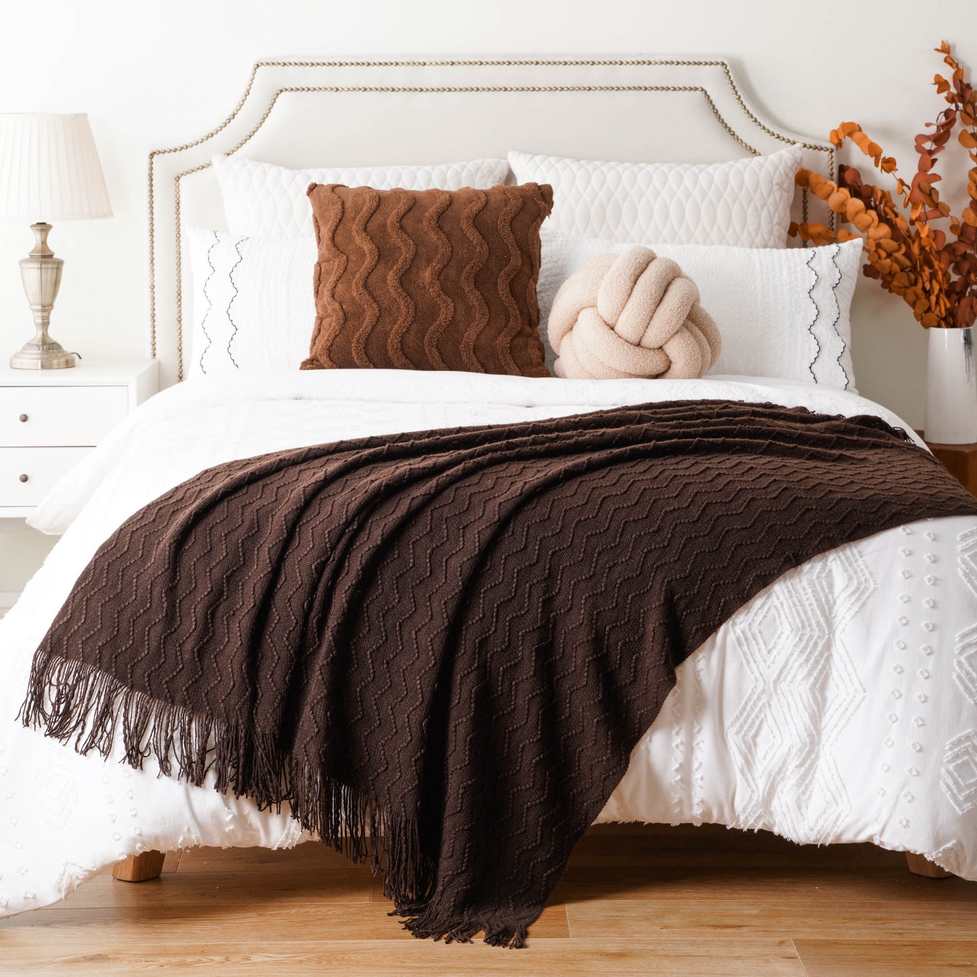 Battilo Brown Throw Blanket for Couch Bed Sofa,Boho Decorative Chocolate Brown Knit Throw,50"x60"